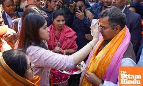 BJP candidate Parvesh Verma receives a warm welcome at his residence following his win in the Delhi Assembly elections