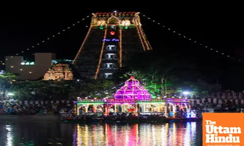 The Kapaleeshwarar Temple is illuminated on the occasion of the annual float festival
