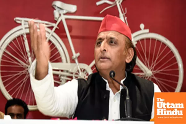 Samajwadi Party chief and MP Akhilesh Yadav addresses a press conference at Party office
