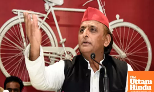 Samajwadi Party chief and MP Akhilesh Yadav addresses a press conference at Party office