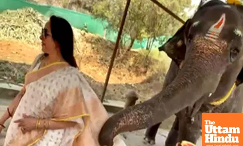 Hema Malini enjoys an adorable encounter with a baby elephant