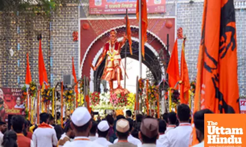 People gather at Shivaji Chowk to celebrate the 395th birth anniversary of Chhatrapati Shivaji Maharaj