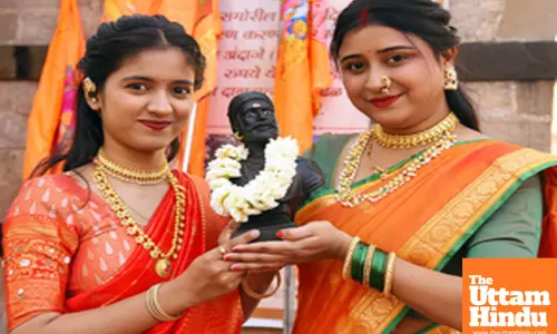 Girls dressed in traditional costumes pays tribute to the Chhatrapati Shivaji Maharaj on his 395th birth anniversary celebrations