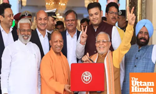 UP CM Yogi Adityanath and FM Suresh Khanna at Vidhan Sabha ahead of Budget Presentation