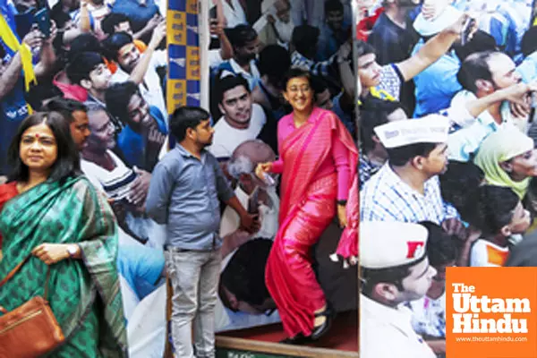 AAP leader Atishi addresses a press conference at party office