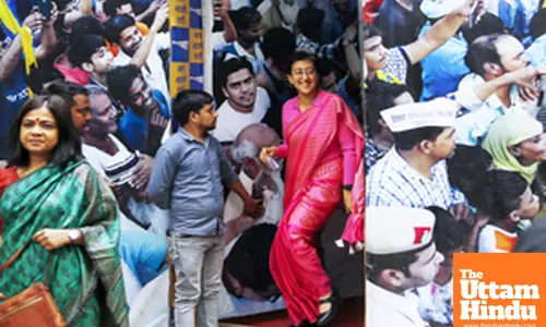 AAP leader Atishi addresses a press conference at party office