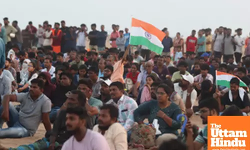 Cricket fans gather at Marina Beach to watch the live screening of the India vs Pakistan match