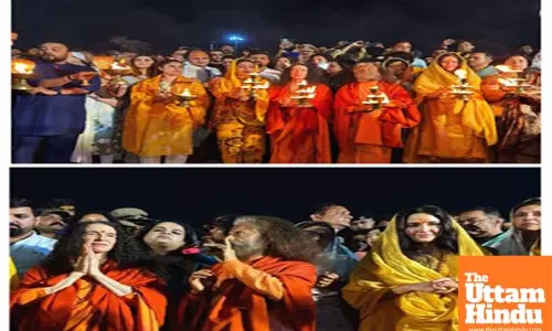 Katrina Kaif and Raveena Tandon attend the Ganga Aarti during Maha Kumbh