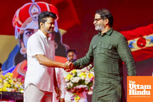 Actor-politician Vijay with Jan Suraj Party chief Prashant Kishor during TVKs first-anniversary event Actor-politician Vijay with Jan Suraj Party chief Prashant Kishor during TVKs first-anniversary event