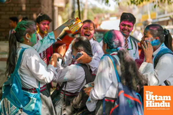 School students celebrate the upcoming Holi festival by playing with colours School students celebrate the upcoming Holi festival by playing with colours