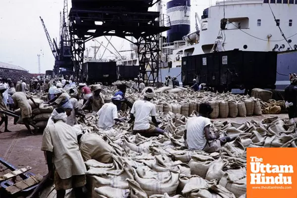 US Wheat Shipments Helped Alleviate Indias 1950s Food Crisis, Unloaded by Calcutta Dock Workers US Wheat Shipments Helped Alleviate Indias 1950s Food Crisis, Unloaded by Calcutta Dock Workers