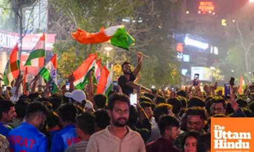 Cricket fans celebrate after India won the ICC Champions Trophy final against New Zealand played at Dubai
