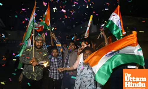 Cricket fans celebrate after India won the ICC Champions Trophy final against New Zealand played at Dubai
