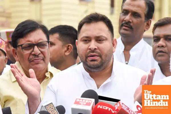 LoP Tejashwi Yadav addresses a press conference outside the Bihar Assembly LoP Tejashwi Yadav addresses a press conference outside the Bihar Assembly