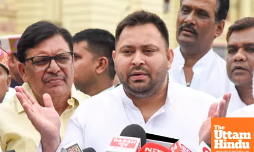 LoP Tejashwi Yadav addresses a press conference outside the Bihar Assembly
