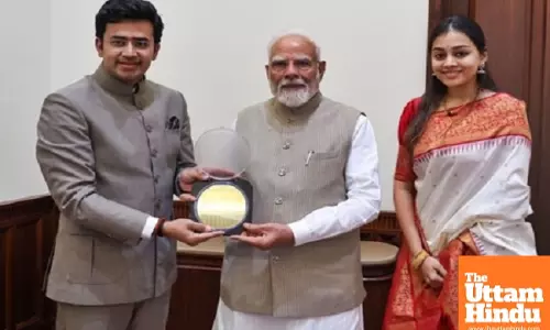 BJP MP Tejasvi Surya, wife meet PM Modi, gift him 750-year-old manuscript