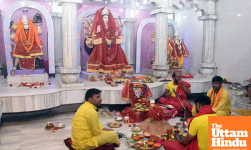 Priests perform rituals on ‘Kalash Sthapana’ at Chaiti Durga Temple