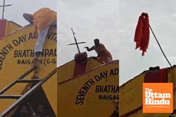 Tension Erupts After Hanuman Temple Demolition, Bajrang Dal Replaces Church Cross with Saffron Flag Tension Erupts After Hanuman Temple Demolition, Bajrang Dal Replaces Church Cross with Saffron Flag