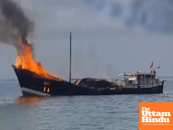 VIDEO: Flames Erupt on Boat Carrying Rice and Sugar Off Gujarats Porbandar Coast, Vessel Towed to Sea to Contain Blaze VIDEO: Flames Erupt on Boat Carrying Rice and Sugar Off Gujarats Porbandar Coast, Vessel Towed to Sea to Contain Blaze