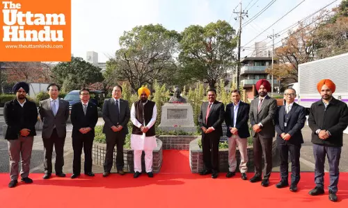 CM BEGINS HIS JAPAN TOUR, PAYS FLORAL TRIBUTE TO MAHATMA GANDHI AT EDOGAWA GANDHI PARK